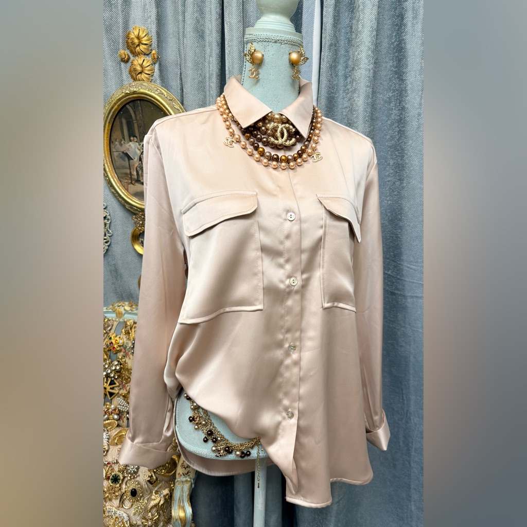 -Silky Beige Button-Front Women's Shirt With Jewelry Set